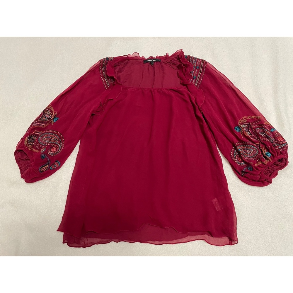 Nanette Lepore red silk blouse with embroidered wrist and shoulder design (2)